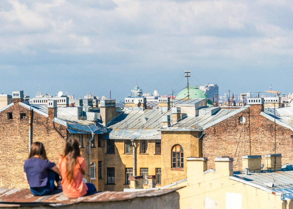 Saint Petersburg, Russia, Roofs, Girls sitting on the roof